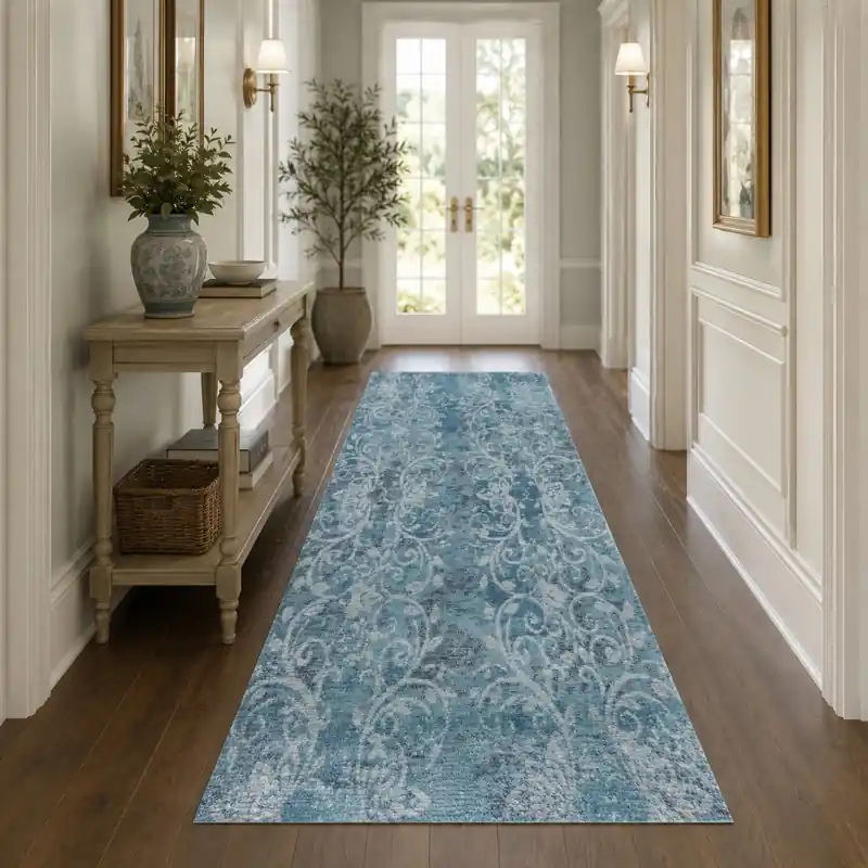 DAMASCO - Tappeto Moderno Geometrico Floreale Slavato - Lavabile ed Antiscivolo - Ciniglia Jacquard - Azzurro