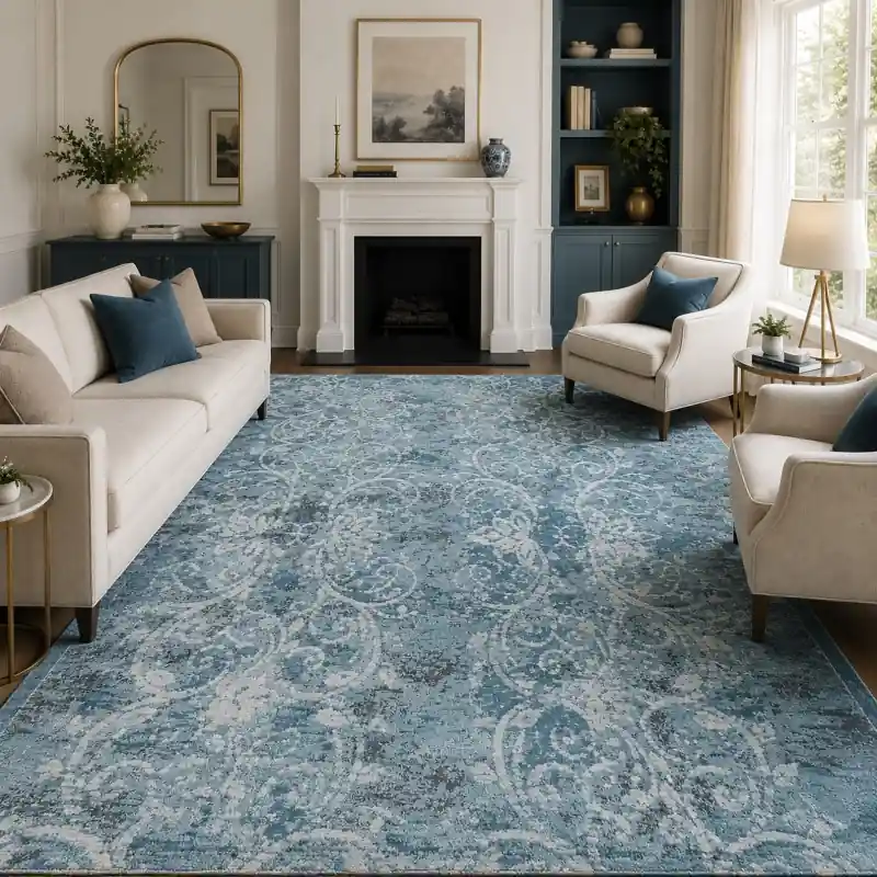 DAMASCO - Tappeto Geometrico Floreale Slavato - Lavabile ed Antiscivolo - Ciniglia Jacquard - Azzurro