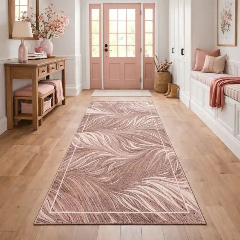FLOW - Tappeto Moderno Passatoia Corsia Floreale Natura Jungla - Lavabile ed Antiscivolo - Ciniglia Jacquard - Rosa
