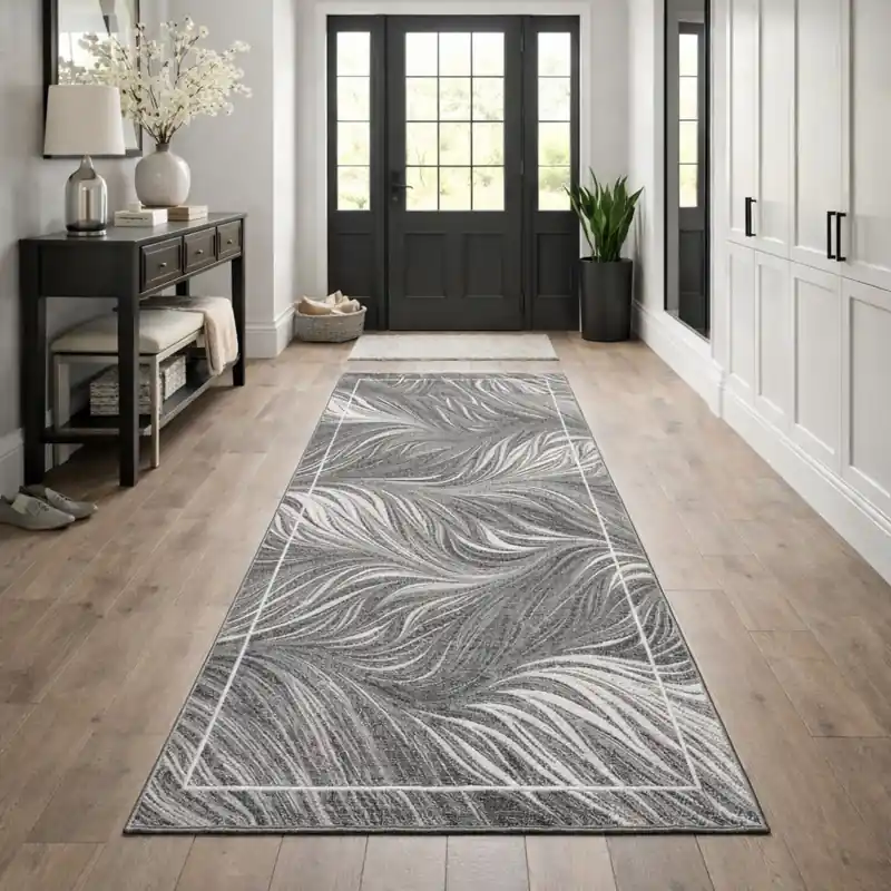 FLOW - Tappeto Moderno Passatoia Corsia Floreale Natura Jungla - Lavabile ed Antiscivolo - Ciniglia Jacquard - Grigio
