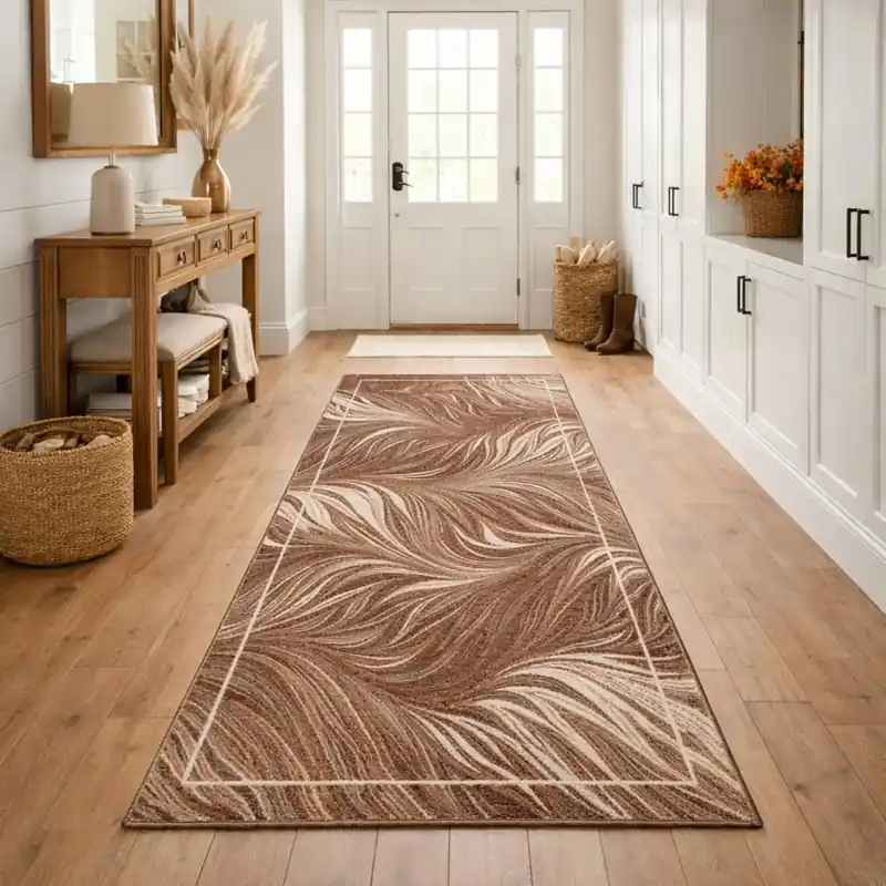FLOW - Tappeto Moderno Passatoia Corsia Floreale Natura Jungla - Lavabile ed Antiscivolo - Ciniglia Jacquard - Marrone