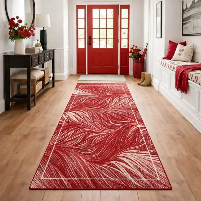 FLOW - Tappeto Moderno Passatoia Corsia Floreale Natura Jungla - Lavabile ed Antiscivolo - Ciniglia Jacquard - Rosso