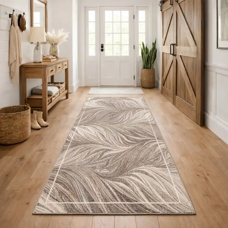 FLOW - Tappeto Moderno Passatoia Corsia Floreale Natura Jungla - Lavabile ed Antiscivolo - Ciniglia Jacquard - Tortora