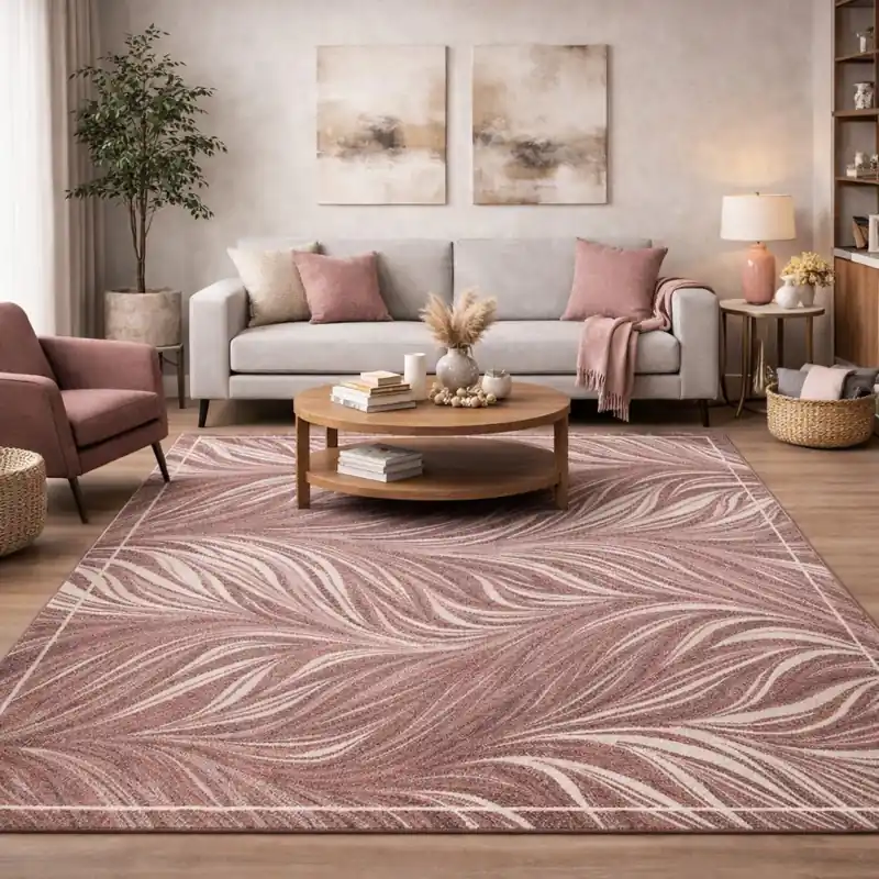 FLOW - Tappeto Moderno Floreale Natura Jungla - Lavabile ed Antiscivolo - Ciniglia Jacquard - Rosa