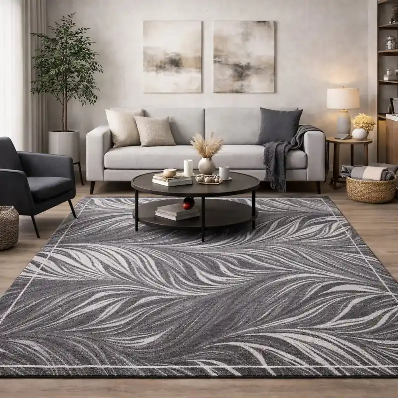 FLOW - Tappeto Moderno Floreale Natura Jungla - Lavabile ed Antiscivolo - Ciniglia Jacquard - Grigio