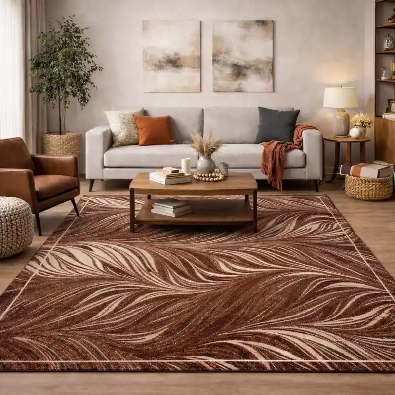 FLOW - Tappeto Moderno Floreale Natura Jungla - Lavabile ed Antiscivolo - Ciniglia Jacquard - Marrone