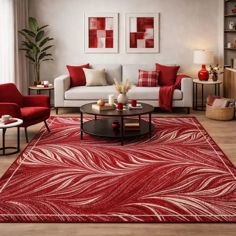 FLOW - Tappeto Moderno Floreale Natura Jungla - Ciniglia Jacquard - Rosso