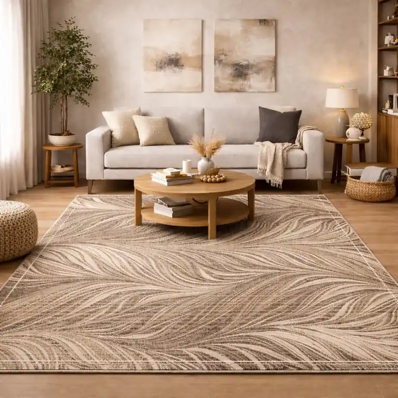 FLOW - Tappeto Moderno Floreale Natura Jungla - Lavabile ed Antiscivolo - Ciniglia Jacquard - Tortora