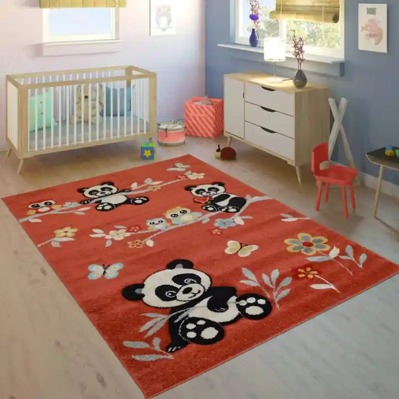 KID - Tappeto Moderno Bambini Panda Cucciolo Panda Arancione Gufi Gufetti Fiori - A2761-C22212
