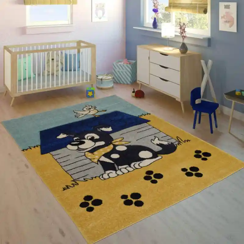 KID - Tappeto Moderno Bambini Cane Cucciolo Cuccia Zampe Giallo Nero - A1711-C19787