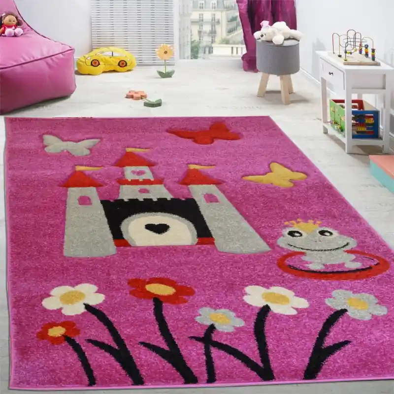 KID - Tappeto Moderno Bambina Castello Principessa Ranocchio Fiori Rosa - 54461-C23242