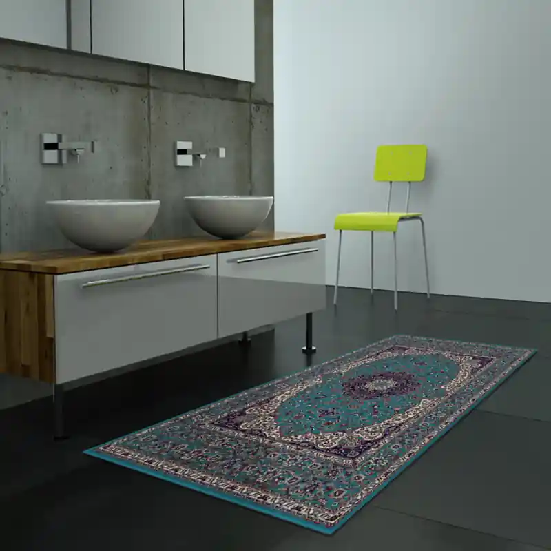 Tappeto Passatoia Salotto Cucina Bagno Lavabile Stile Persiano Keshan Azzurro Blu Bianco - K0002