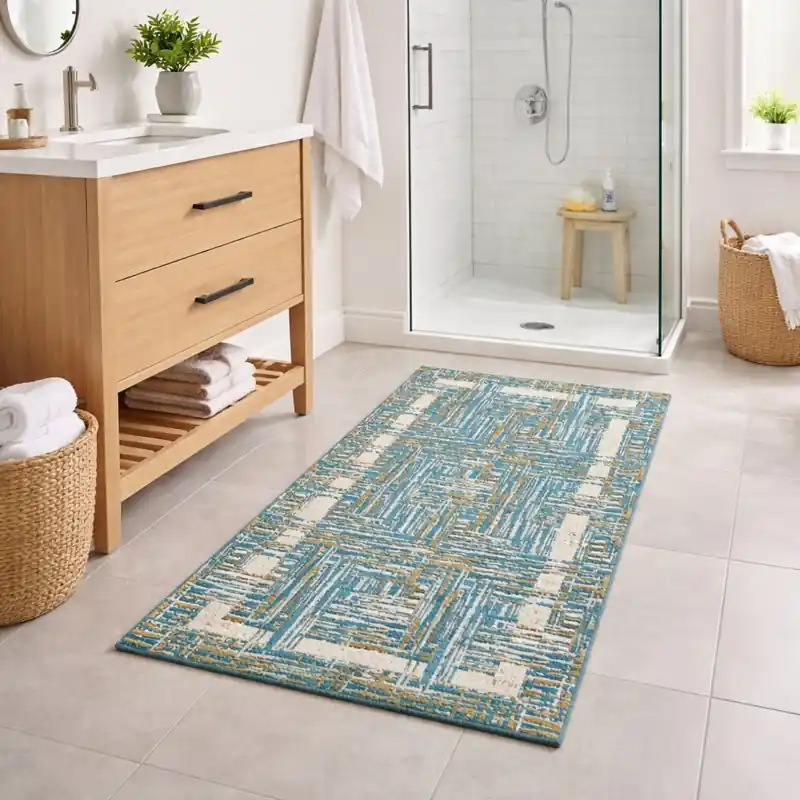 THAILAND - Tappeto Passatoia da Bagno - Moderno Geometrico - Lavabile ed Antiscivolo - Ciniglia Jacquard - Azzurro
