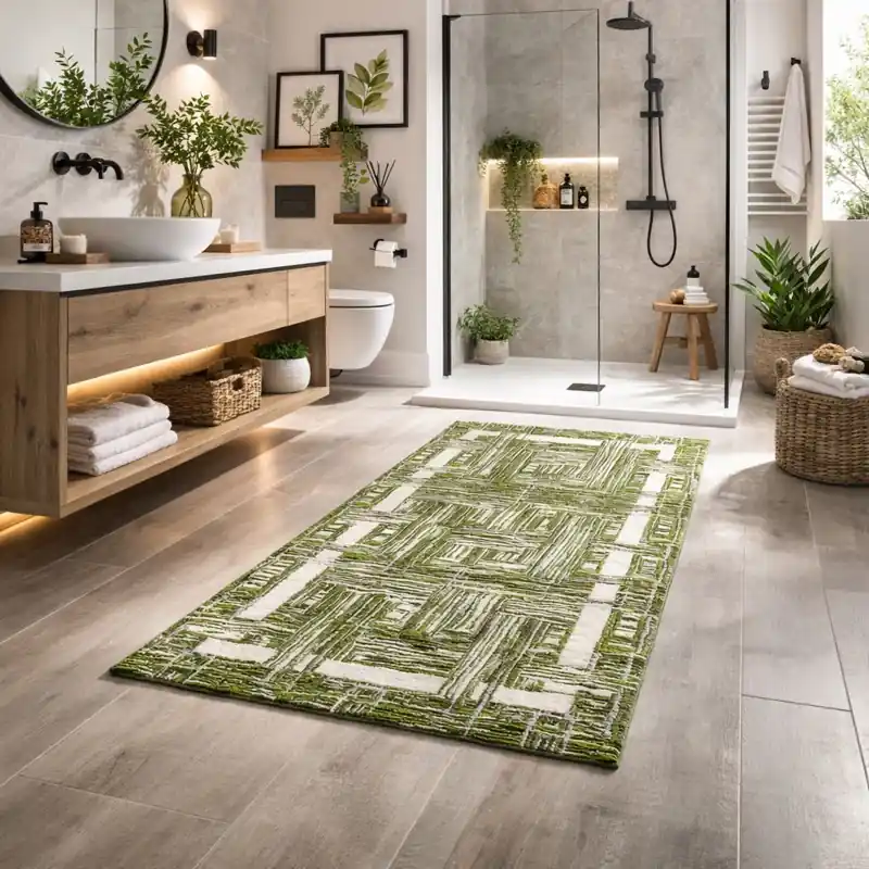 THAILAND - Tappeto Passatoia da Bagno - Moderno Geometrico - Lavabile ed Antiscivolo - Ciniglia Jacquard - Verde