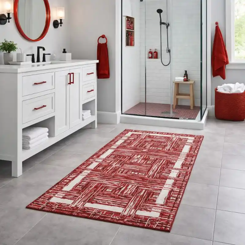 THAILAND - Tappeto Passatoia da Bagno - Moderno Geometrico - Lavabile ed Antiscivolo - Ciniglia Jacquard - Rosso