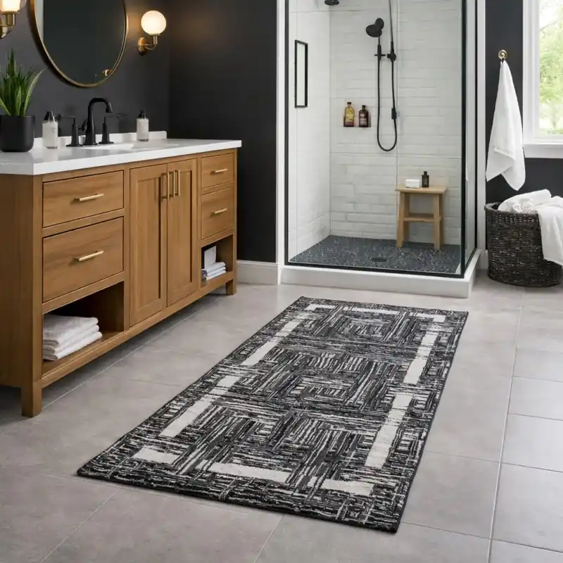 THAILAND - Tappeto Passatoia da Bagno - Moderno Geometrico - Lavabile ed Antiscivolo - Ciniglia Jacquard - Nero
