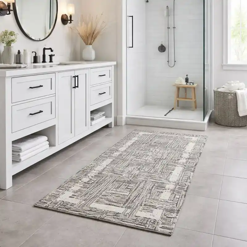 THAILAND - Tappeto Passatoia da Bagno - Moderno Geometrico - Lavabile ed Antiscivolo - Ciniglia Jacquard - Grigio
