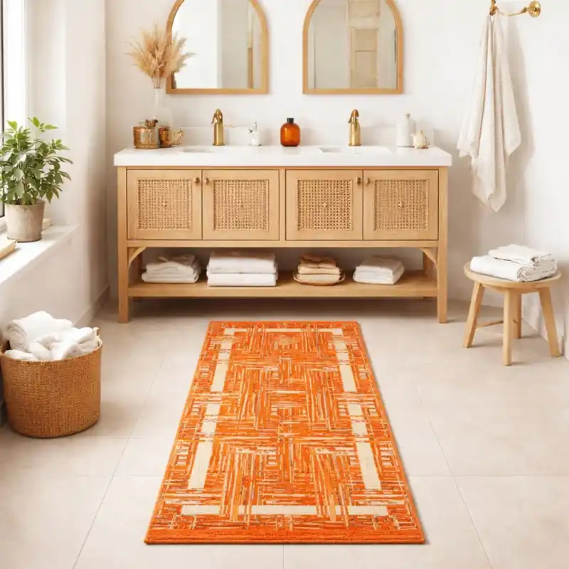 THAILAND - Tappeto Passatoia da Bagno - Moderno Geometrico - Lavabile ed Antiscivolo - Ciniglia Jacquard - Arancio