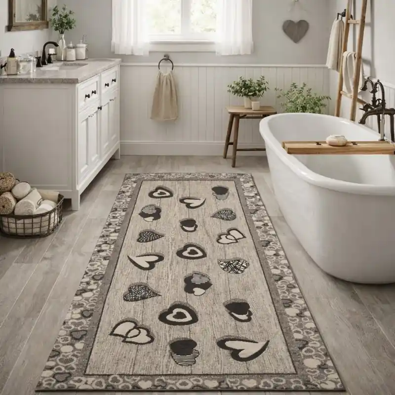 LOVELY - Tappeto Passatoia da Bagno Cuori Shabby - Lavabile Antiscivolo - Lavabile ed Antiscivolo - Ciniglia Jacquard - Ardesia