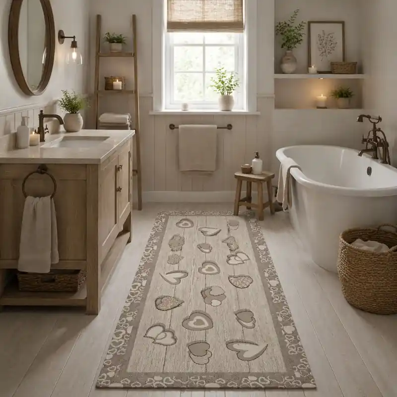 LOVELY - Tappeto Passatoia da Bagno Cuori Shabby - Lavabile Antiscivolo - Lavabile ed Antiscivolo - Ciniglia Jacquard - Tortora