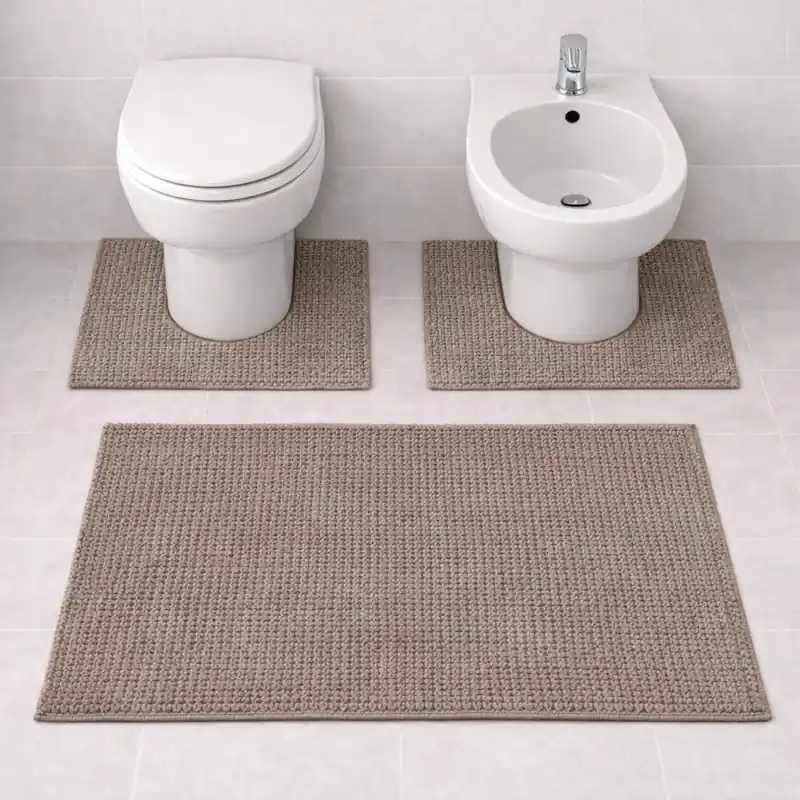 WARP - Tappeto Set Parure 3 Pezzi da Bagno Intrecciato in Microfibra Assorbente - Lavabile ed Antiscivolo - Fango