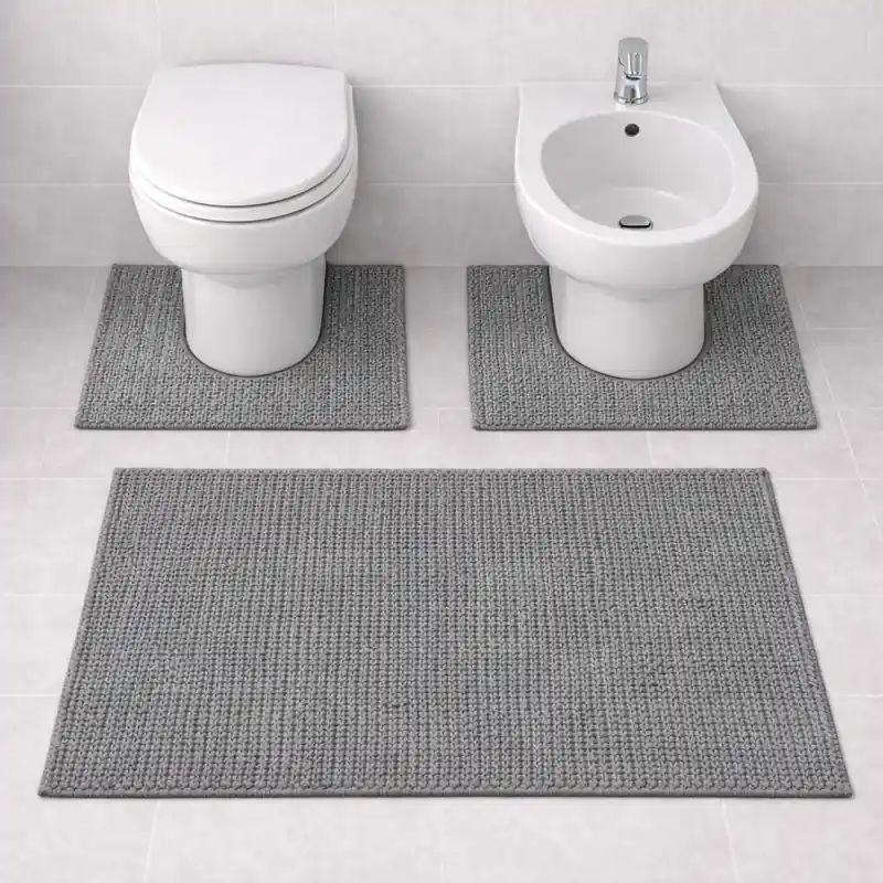 WARP - Tappeto Set Parure 3 Pezzi da Bagno Intrecciato in Microfibra Assorbente - Lavabile ed Antiscivolo - Grigio Scuro