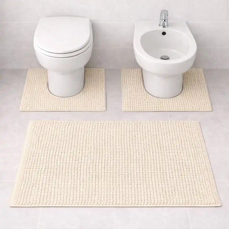 WARP - Tappeto Set Parure 3 Pezzi da Bagno Intrecciato in Microfibra Assorbente - Lavabile ed Antiscivolo - Avorio