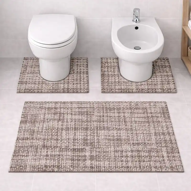 WARP - Tappeto Set Parure 3 Pezzi da Bagno Intrecciato in Microfibra Assorbente - Lavabile ed Antiscivolo - Tortora