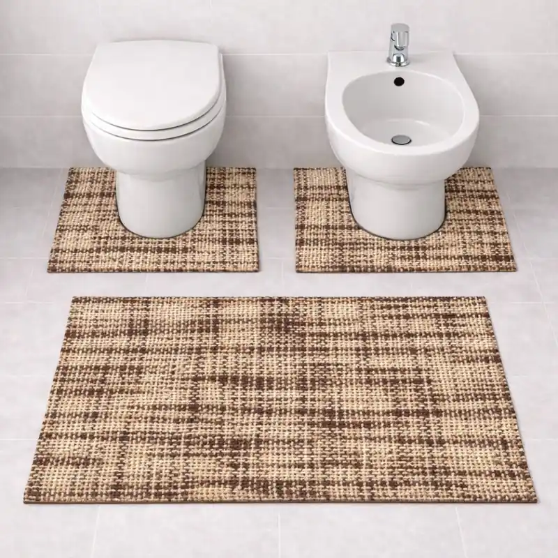 WARP - Tappeto Set Parure 3 Pezzi da Bagno Intrecciato in Microfibra Assorbente - Lavabile ed Antiscivolo - Marrone