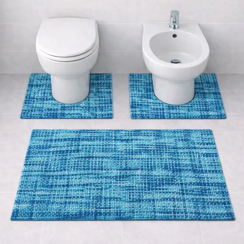 WARP - Tappeto Set Parure 3 Pezzi da Bagno Intrecciato in Microfibra Assorbente - Lavabile ed Antiscivolo - Blu