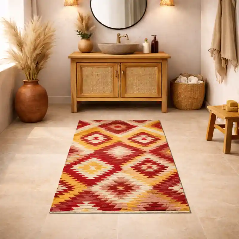 CUBA - Tappeto Passatoia da Bagno - Moderno Geometrico Kilim - Lavabile ed Antiscivolo - Ciniglia Jacquard - Arancio