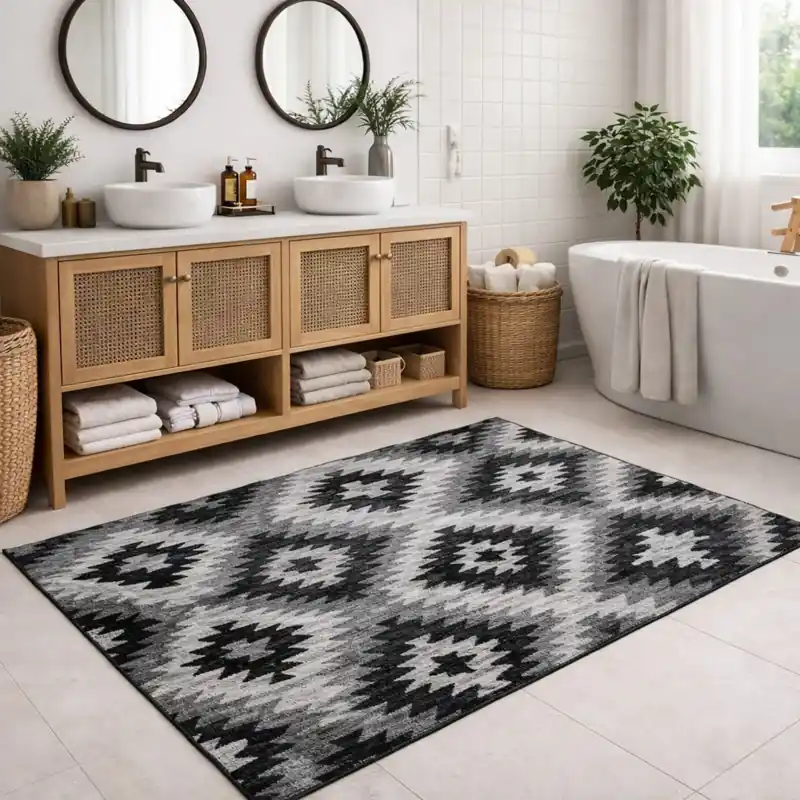 CUBA - Tappeto Passatoia da Bagno - Moderno Geometrico Kilim - Lavabile ed Antiscivolo - Ciniglia Jacquard - Nero