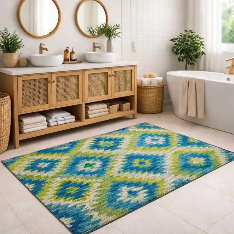 CUBA - Tappeto Passatoia da Bagno - Moderno Geometrico Kilim - Lavabile ed Antiscivolo - Ciniglia Jacquard - Verde Blu