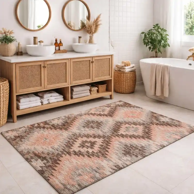 CUBA - Tappeto Passatoia da Bagno - Moderno Geometrico Kilim - Lavabile ed Antiscivolo - Ciniglia Jacquard - Rosa