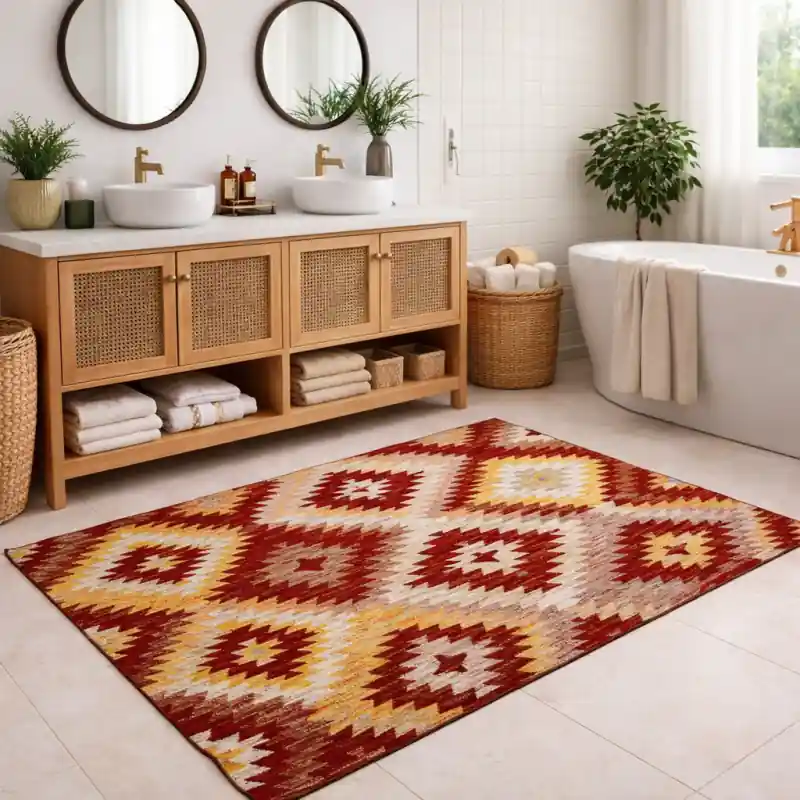 CUBA - Tappeto Passatoia da Bagno - Moderno Geometrico Kilim - Lavabile ed Antiscivolo - Ciniglia Jacquard - Rosso