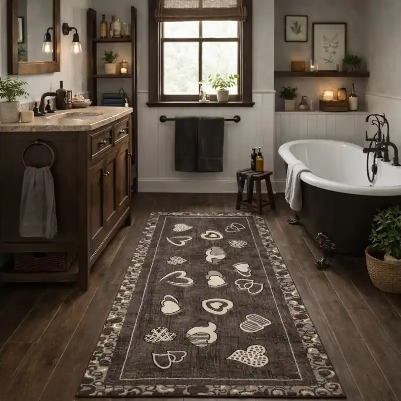 LOVELY - Tappeto Passatoia da Bagno Cuori Shabby - Lavabile ed Antiscivolo - Fango