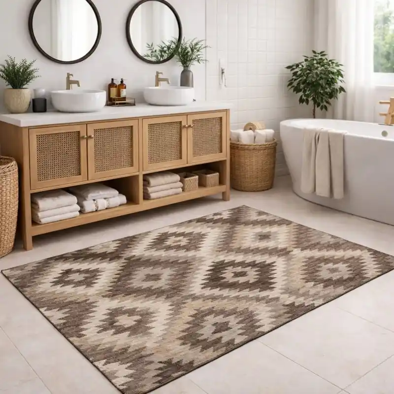 CUBA - Tappeto Passatoia da Bagno - Moderno Geometrico Kilim - Lavabile ed Antiscivolo - Ciniglia Jacquard - Tortora
