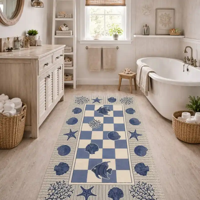 MARINE - Tappeto Bagno Moderno Ciniglia Jacquard Scacchiera Conchiglie - Lavabile ed Antiscivolo - Blu