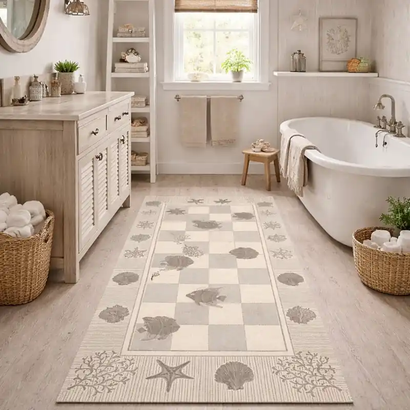 MARINE - Tappeto Bagno Moderno Ciniglia Jacquard Scacchiera Conchiglie - Lavabile ed Antiscivolo - Beige