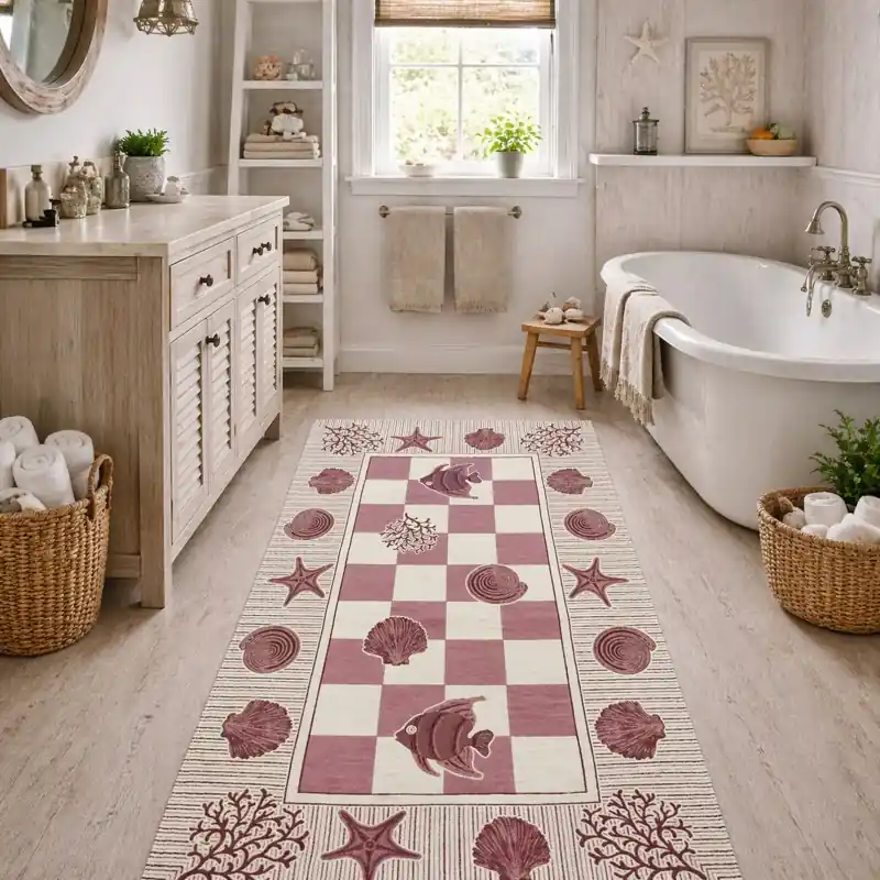 MARINE - Tappeto Bagno Moderno Ciniglia Jacquard Scacchiera Conchiglie - Lavabile ed Antiscivolo - Rosso