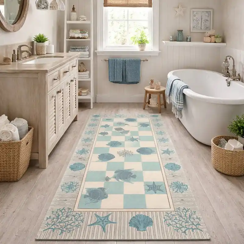 MARINE - Tappeto Bagno Moderno Ciniglia Jacquard Scacchiera Conchiglie - Lavabile ed Antiscivolo - Verde Acqua