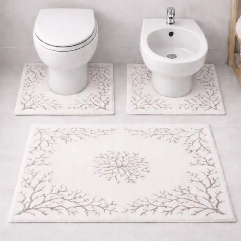OCEANO - Tappeto Set Parure 3 Pezzi da Bagno Tinta Unita Trama Marina Corallo - Spugna di Cotone - Tortora