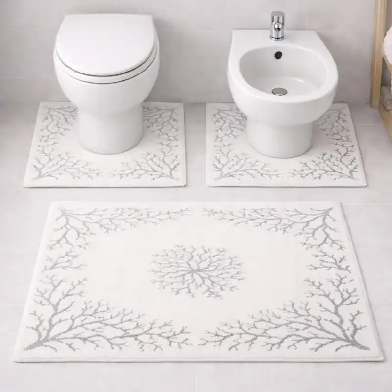 OCEANO - Tappeto Set Parure 3 Pezzi da Bagno Tinta Unita Trama Marina Corallo - Spugna di Cotone - Grigio