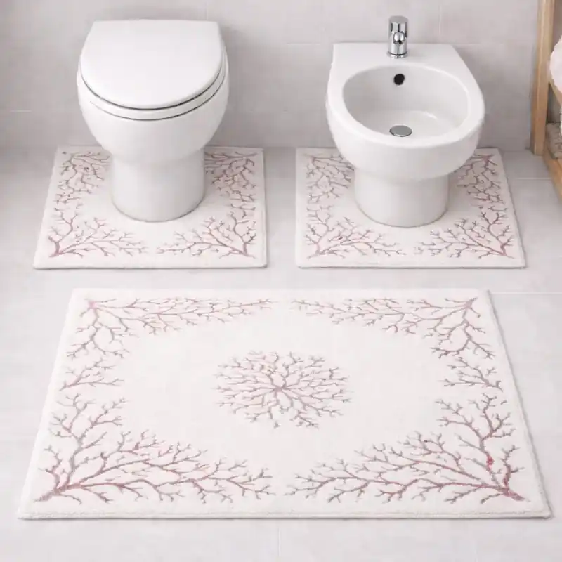 OCEANO - Tappeto Set Parure 3 Pezzi da Bagno Tinta Unita Trama Marina Corallo - Spugna di Cotone - Rosso