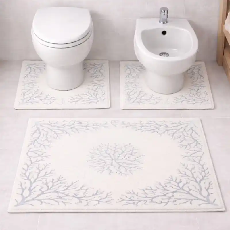 OCEANO - Tappeto Set Parure 3 Pezzi da Bagno Tinta Unita Trama Marina Corallo - Spugna di Cotone - Blu