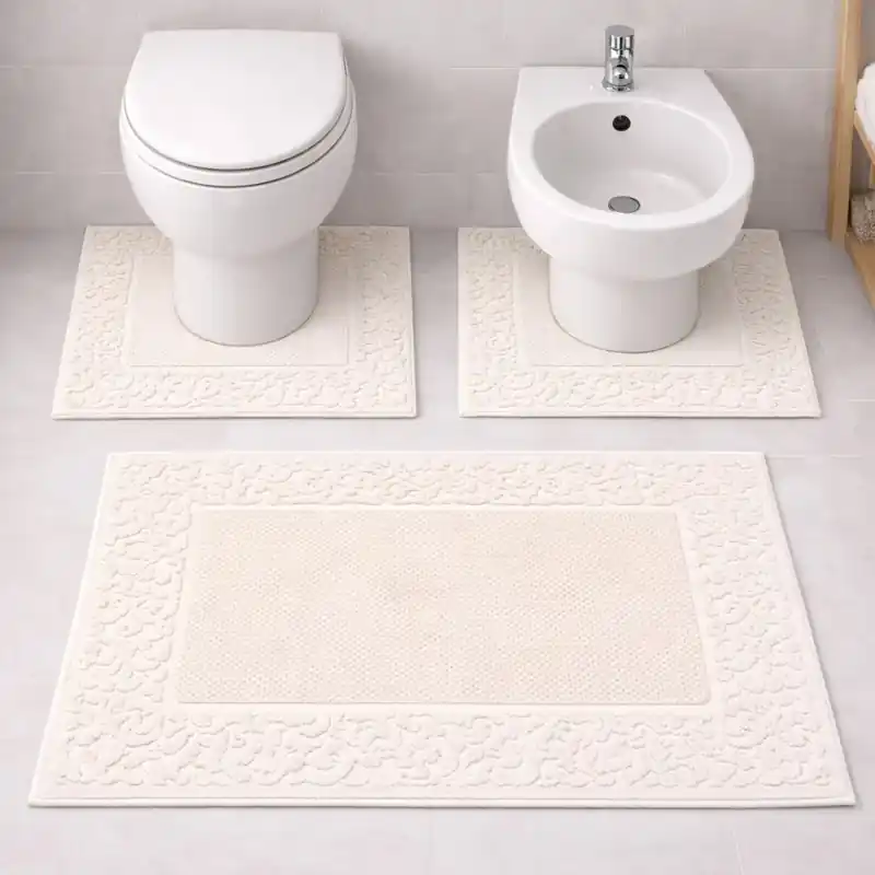 CLASSIC - Tappeto Set Parure 3 Pezzi da Bagno Tinta Unita con Greca in Rilievo - Spugna di Cotone - Panna