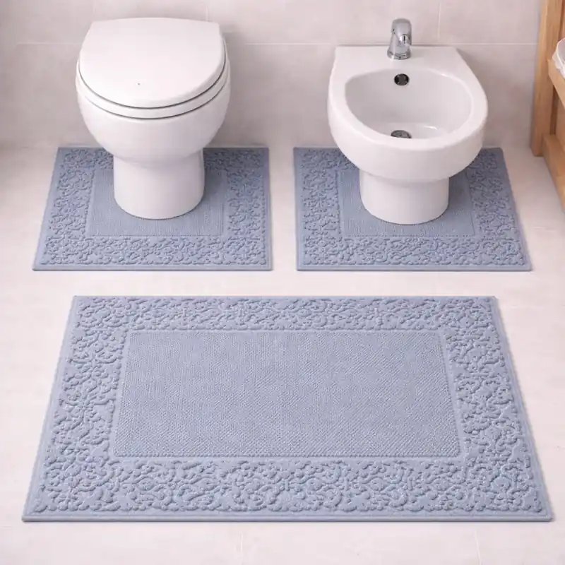 CLASSIC - Tappeto Set Parure 3 Pezzi da Bagno Tinta Unita con Greca in Rilievo - Spugna di Cotone - Azzurro