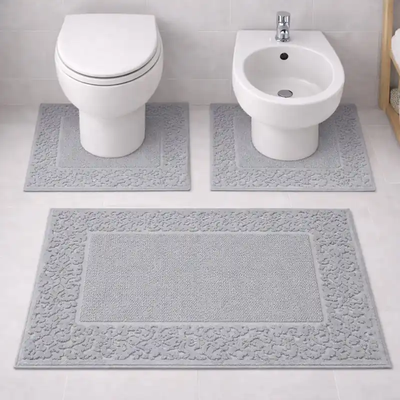CLASSIC - Tappeto Set Parure 3 Pezzi da Bagno Tinta Unita con Greca in Rilievo - Spugna di Cotone - Grigio