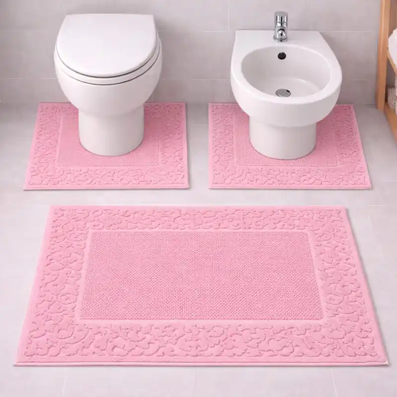 CLASSIC - Tappeto Set Parure 3 Pezzi da Bagno Tinta Unita con Greca in Rilievo - Spugna di Cotone - Rosa