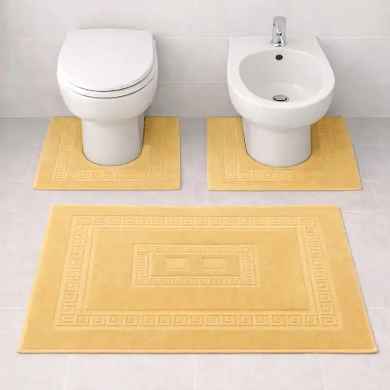 SIENA - Tappeto Set Parure 3 Pezzi da Bagno Tinta Unita con Greca - Spugna di Cotone - Giallo